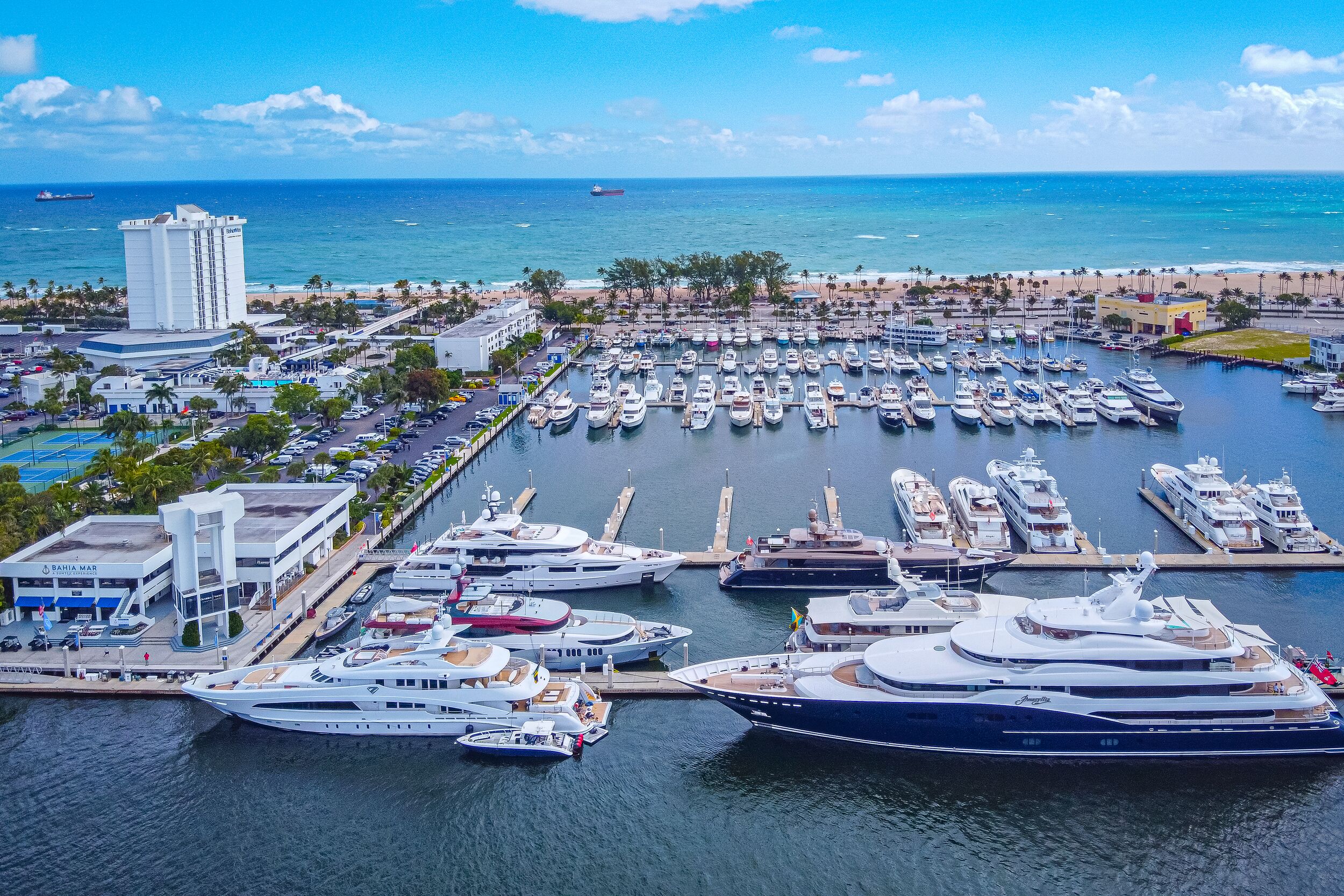 Aerial view of Bahia Marina in Fort Lauderdale on a partly cloudy day.