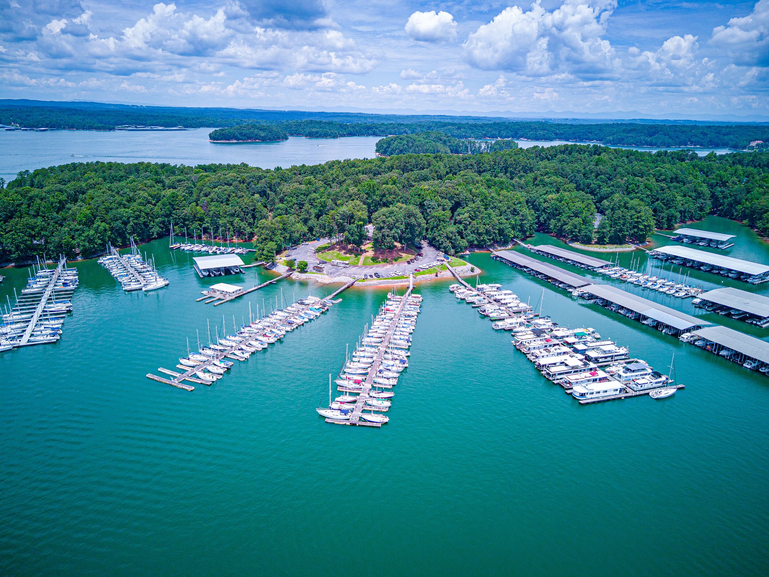 Aerial view of Sunrise Cove Marina in Georgia on a cloudy day.
